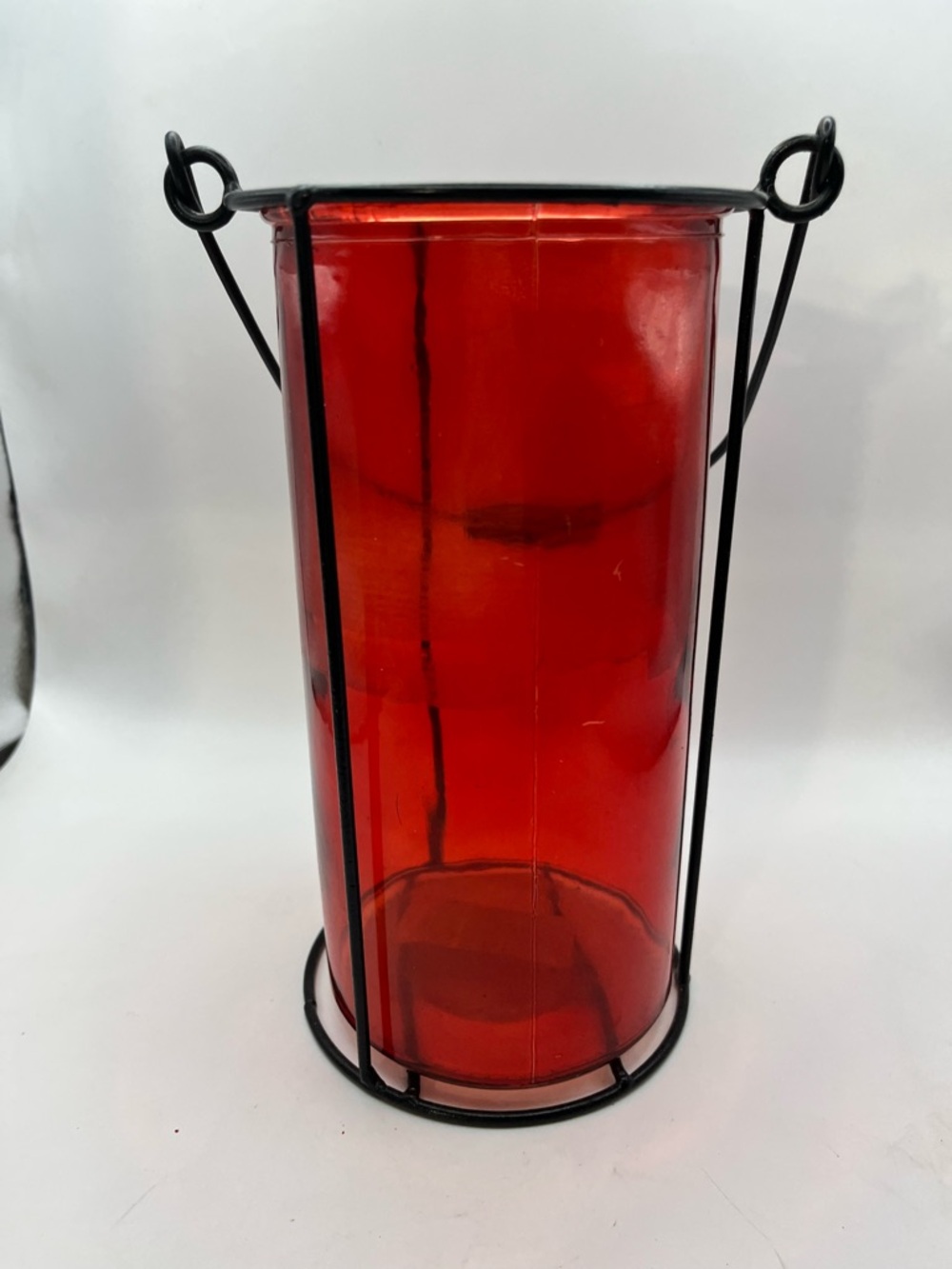 Red Glass Candle Holder with Black Metal Frame